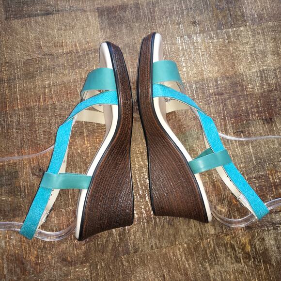 SAS Delight Cross Strap Wedge Sandal Womens 8W Turquoise Web Leather Comfort - Picture 8 of 9